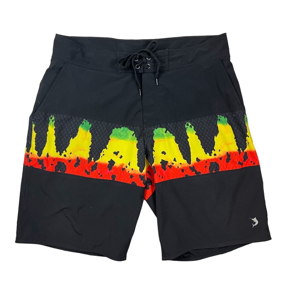 Reel Legends Men's Black Print Lightweight Stretch Swim Board Short Size 36